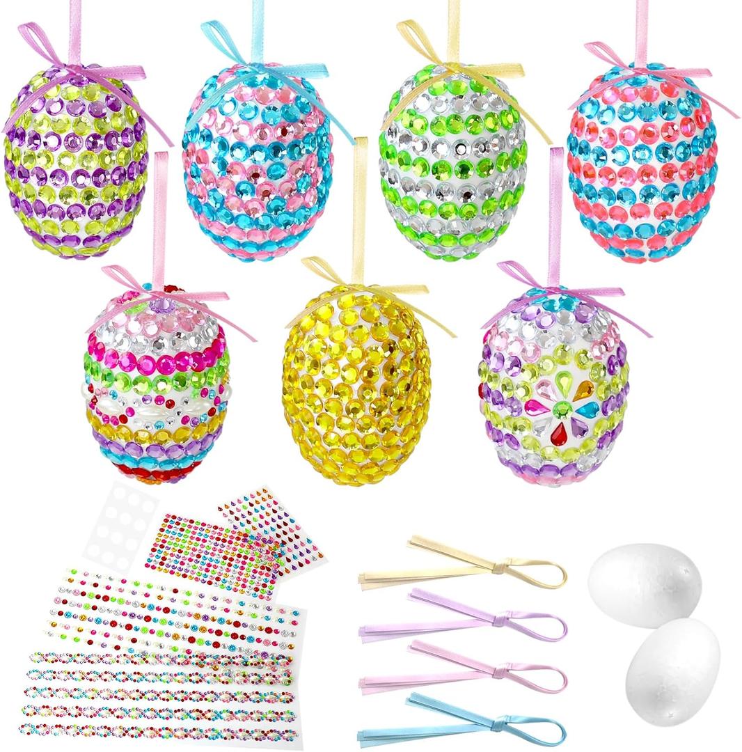 fethwoin 16PCS Easter Tree Ornaments, Foam Easter Eggs Hanging Decorations Craft Kit, DIY Glitter Gem Eggs with Ribbons for Basket Stuffers Fillers & Home Decor Party Favors