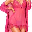 RSLOVE Women Sexy Lingerie Set 3 Piece Babydoll & Lace Kimono Robe Strap Chemise Sleepwear Mesh Nightgown (Medium, Rose Red)