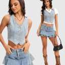 Women's Denim Vest Crop Jean Vest Tops Sleeveless V Neck Button Down Fitted Summer Western Country Denim Waistcoat (Blue, XL)