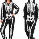 Waipfaru Halloween Skeleton Costume Women-Skeleton Onesie Adult -Front and Back Bone Print with Zip Up Hooded (Medium)