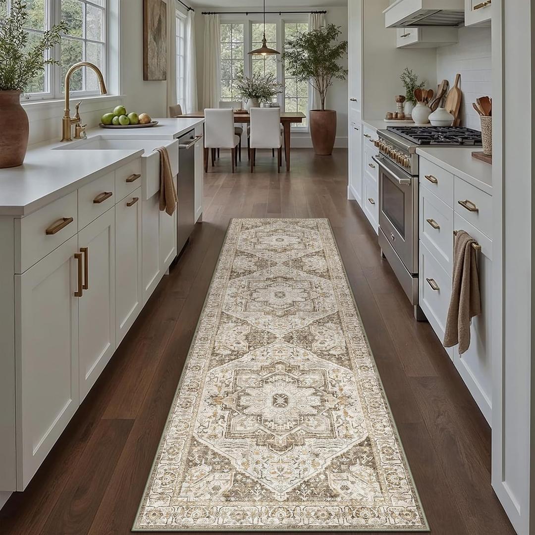 Brown Hallway Runner Rug 3x7 Vintage Washable Distressed Area Carpet Kitchen Indoor Non Slip Long Traditional Medallion Retro Accent Throw Rug for Bedroom Laundry Office Dining Living Room