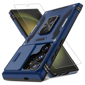 DEERLAMN Case for Samsung Galaxy S24 Ultra with Slide Camera Cover+Screen Protector (1 Pack), Rotated Ring Kickstand Military Grade Shockproof Protective Cover-Navy Blue