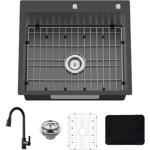 Black 25x22 Inch Drop In Kitchen Sink With Faucet-Stainless Steel Single Bowl Kitchen Sink Stylish&Modern Look With Faucet,Bottom Grid,Silicon Mat And Drain Assembly Add Elegance & Enhance Usability