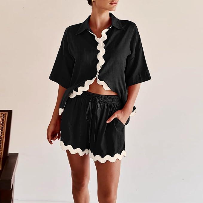 Shy Velvet Lounge Sets for Women Two Piece Sets Summer Pajama Sets Linen Cotton Vacation Outfits With Stylish Ric Rac Trim
, 3Piece, Black, Large