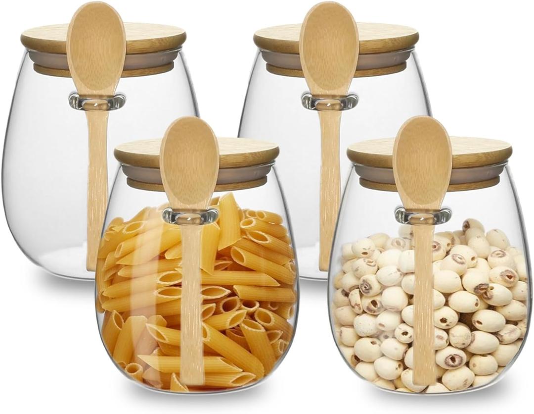 Glass Storage jars with Bamboo Lids and Spoon -28 oz Airtight Storage Containers Glass jar,Wide Mouth,Leak-Proof,Comes Suitable for Coffee Beans, Tea Leaves,Grains, Dried Fruits (Middle4PCS)