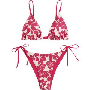 ZAFUL Women's Triangle Bikini Floral String Bikini Set Two Piece Swimsuit Bathing Suits (Pink, M)