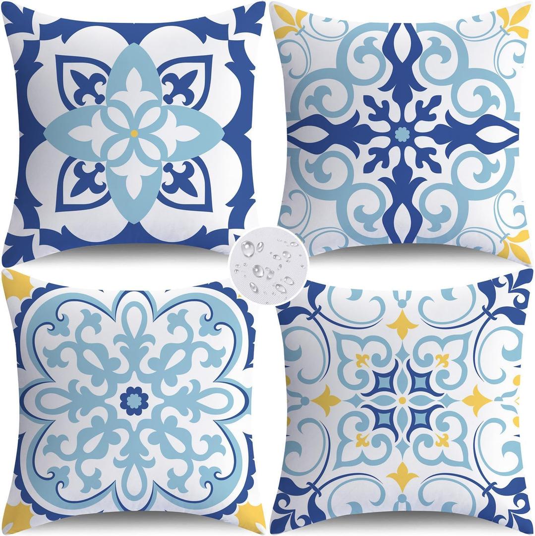 NIGHTWISH Outdoor Waterproof Pillow Covers 18x18 Set of 4 Blue Boho Decorative Outdoor Throw Pillows Floral Cushion Cases for Patio Furniture Bench Couch Sunbrella
