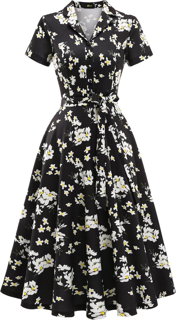 Wedtrend Women's Vintage Tea Dress, Short Sleeve Cocktail Party Dress Work Church Casual Dress (Large, Black White Flower)