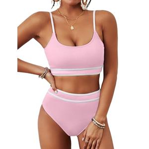 BMJL Women's High Waisted Bikini Ribbed Two Piece Swimsuit High Cut Color Block Adjustable Straps Bathing Suit (M,Pink)