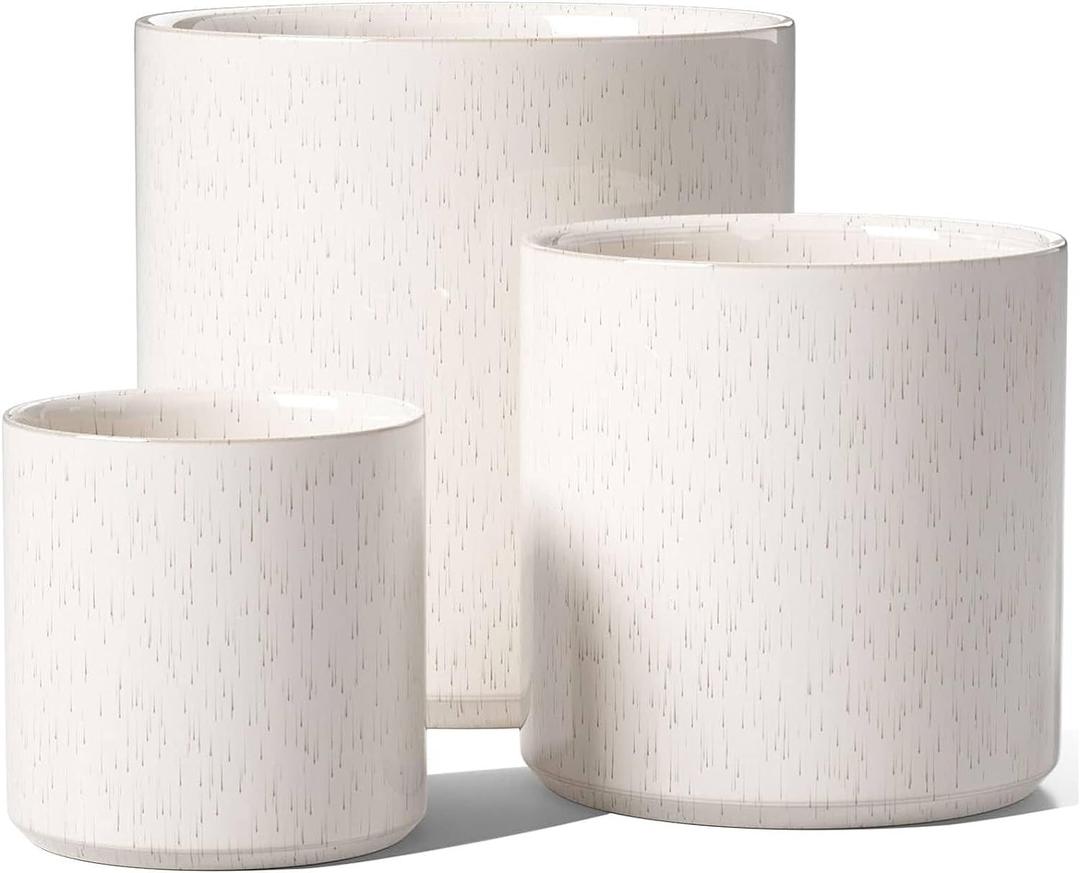 LE TAUCI Ceramic Pots for Plants, 10/8/6 Inch Indoor Planters with Draiange Hole, Silicone Plug & Mesh Pad, Modern Minimalist Pots for Home Office, Set of 3, Glossy, Linen Birch