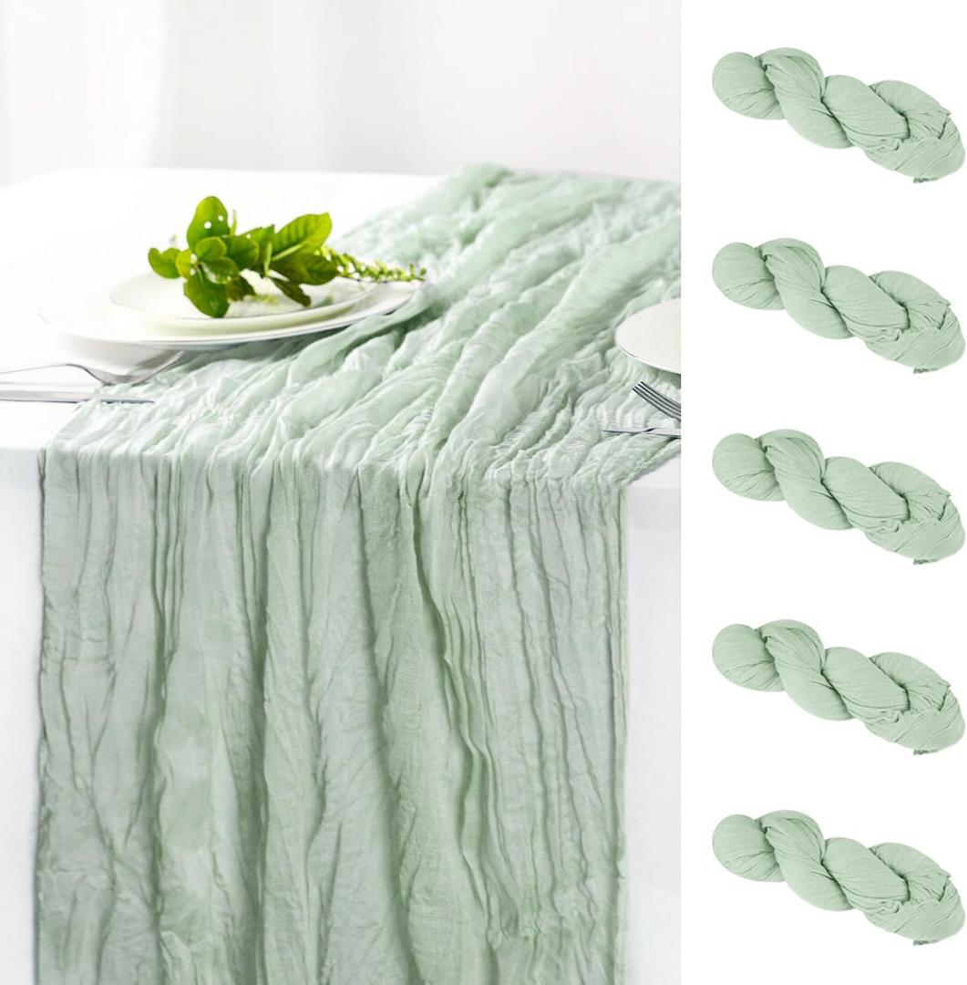 Hahuho Sage Green Cheesecloth Table Runner 10ft, Gauze Boho Rustic Table Runners for Wedding Birthday Party Baby Shower Decorations6 Pack , 35x120 Inches