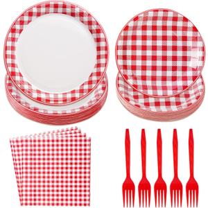 96Pcs Red and White Gingham Party Decorations Red White Buffalo Checked Plaid Plates and Napkins Picnic Tableware for Summer BBQ Picnic Baby Shower Birthday Family Dinner Party Supplies, Serves 24