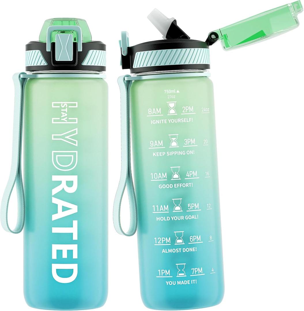 Water Bottle with Straw, 27oz Motivational Water Bottles with Time Marker to Drink, Tritan BPA Free, 750ml Sports Water Bottle with Carry Strap LeakProof for School Fitness Outdoor (1Pack) (Green Mint)