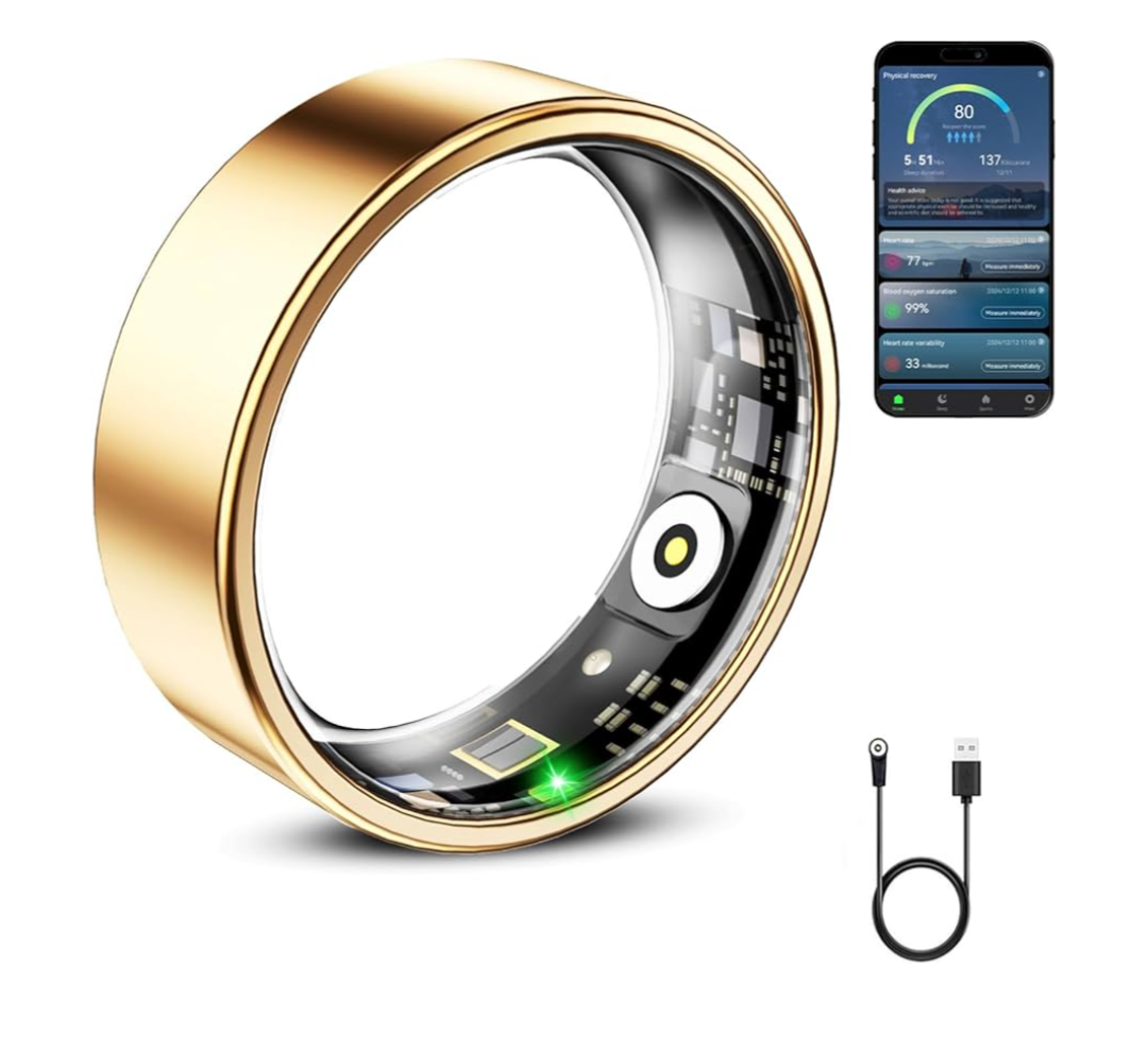 Mirlray Smart Ring for Women & Men, Smart Ring Health Tracker, Blood Oxygen & Heart Rate Monitor, Long Lasting Battery Sleep Ring, Waterproof Fitness Ring (Gold, 11)