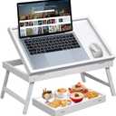 Bamboo Bed Tray Table,Breakfast Trays with Folding Legs,Kitchen Serving Tray for Sofa,Eating and Working,Used As Laptop Desk Snack Tray,White