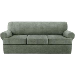 4 Piece T Cushion Sofa Slipcovers Stretch Couch Cover Furniture Covers with 3 Individual T Cushion Covers, Machine Washable for Living Room (Green, 3 Cushions)