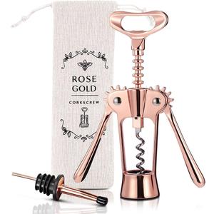 Wine Bottle Opener Wing Corkscrew, Godmorn Rose Gold Beer Bottle Opener with Wine Pourer, Cute Stainless Steel Winged Corkscrew, Pink Cork Screw Wine Accessories For Kitchen Bars Mothers Day Gift