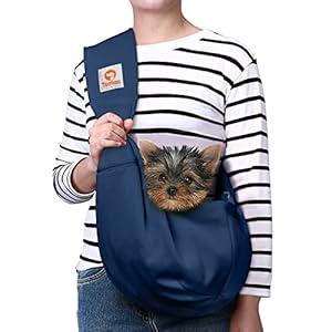 Tomkas Small Dog Sling Carrier - Zipper pocket & Adjustable Strap - for 3 - 10 Lbs Pets (Dark Blue)