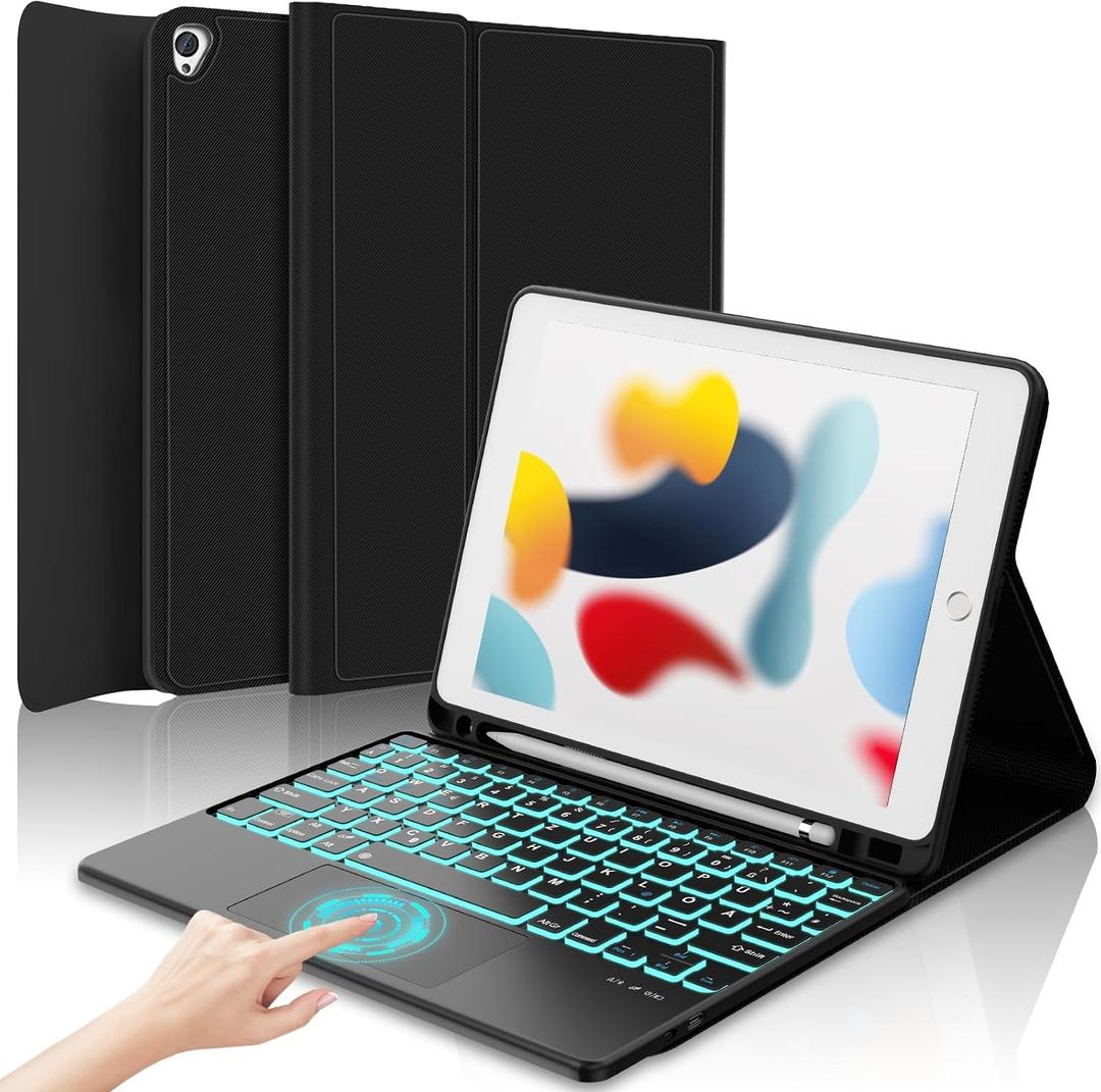 Touch Keyboard Case for iPad 9th/8th/7th Generation 10.2 inch, Pro 10.5, Air 3rd Gen - Smart Folio Cover Case with Pencil Holder, Smart Trackpad, 7 Colors Backlit Wireless Detachable Keyboard