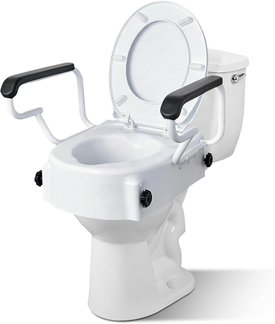 Raised Toilet Seat with Handles, 3 Heights (2/3.5/5 inch) Adjustable, Toilet Seat Riser for Seniors After Hip/Knee Surgery, 300lbs, Fits Round Toilet, with Lid, White | Adjustable Height