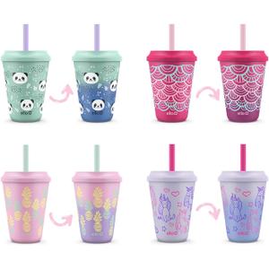 Ello 12oz Kids Plastic Reusable Color Changing Cups with Twist on Splash-Proof Lids and Straw, BPA Free, Dishwasher Safe (4 Pack Fruit Pop)