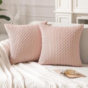 ANRODUO Pack of 1 Pink Pillow Covers Decorative Throw Pillow Covers 18x18 Inch for Couch Bed Living Room Soft Corduroy Striped Square Cushion Covers Throw Pillows Rustic Farmhouse Spring Home Decor
