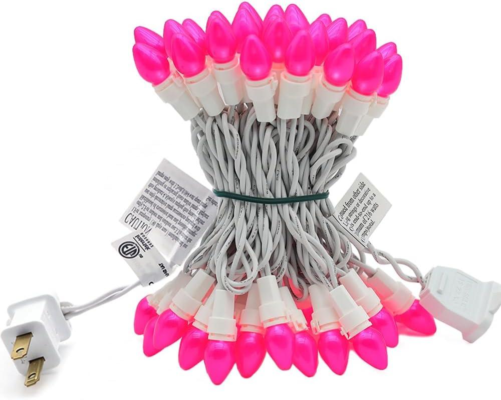 Christmas Pink Mini String Lights-50 Count 13 Feet Detachable LED Glass C3 Bulb Waterproof Fairy Lights Plug in for Indoor Outdoor Party Patio Xmas Tree Valentines Day White Wire
