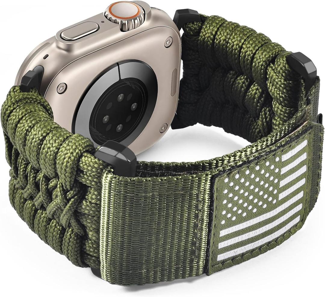 Nylon Loop Sport Band Compatible With Apple Watch 49mm 45mm 44mm 42mm, Rugged Tactical Paracord Strap for Ultra 2/Ultra Series 10 9 8 7 6, Breathable Braided Smartwatch for Men(Green)