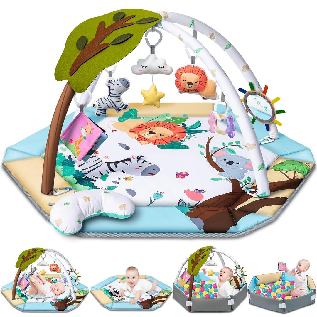Baby Gym Play Mat, 8-in-1 Tummy Time Mat & Ball Pit with 6 Toys, Washable Baby Activity Play Mat for Visual, Hearing, Sensory, Motor Development, Baby Toys Gift for Toddler Infant 0-12 Month
