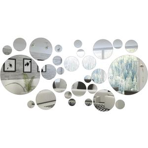 32 Pieces Removable Acrylic Mirror Setting Wall Sticker Decal for Home Living Room Bedroom Decor (Round Circle, 32 Pieces) (Small Size, Silver)
