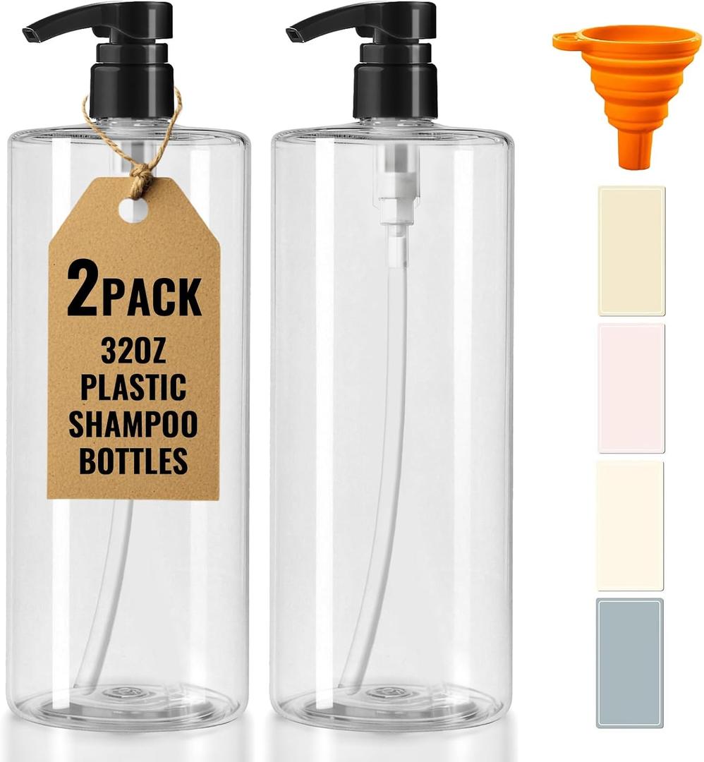2 Packs 32-Ounce Clear Pump Bottle with Black Pump for Body Wash