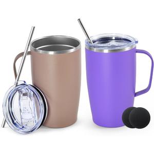 16oz Coffee Mug with Handle, 2Pack Insulated Coffee Tumblers with Lid and Straw, Double Wall Vacuum Travel Coffee Mug with Handle for Coffee Tea Milk Fruit Juice, Purple&Moca