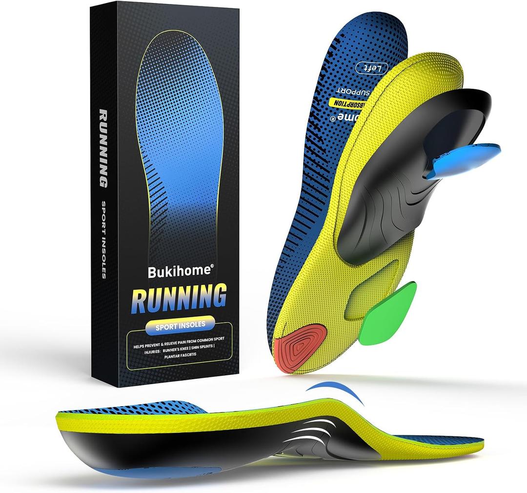 Bukihome Sport Insoles for Men Women - Arch Support Orthotics Inserts - Shock Absorption and Cushioning for Running Walking - Comfortable Insole for Standing All Day - (Blue, M)