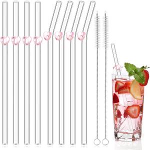 Yinkin 8 Pcs Glass Straws Heart Reusable Cute Straws Charm 8'' Bend with 2 Cleaning Brushes for Drinking Cocktail Coffee Smoothies Juice Milkshake Frozen Tea, Birthday Valentines Party Gift