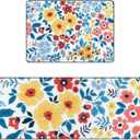 Kitchen Rugs and Mats Set of 2 Pieces Anti Fatigue Standing Mat Multicolor Floral Blue Leaves Summer Spring Non Slip Washable Comfort Flooring Carpet Runner for Kitchen Home