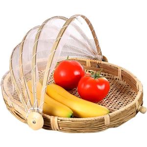 Mwellewm Food Bamboo Food Serving Tent Basket Hand-Woven Basket Serving Dustproof Round Picnic Basket Vegetable Fruits Bread Home Storage Basket with Mesh Gauze Cover Container