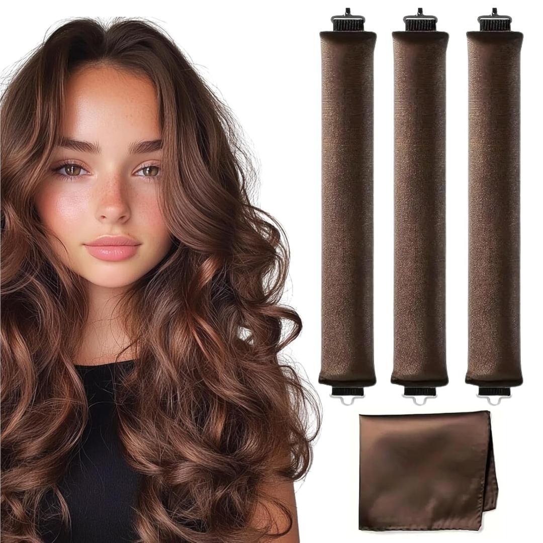 Heatless Hair Curler Overnight Blowout Hair Rods Curling Set No Heat Jumbo Rods to Sleep In Velvet Hair Rollers with Satin Hair Scarf 3 PCs Chocolate
