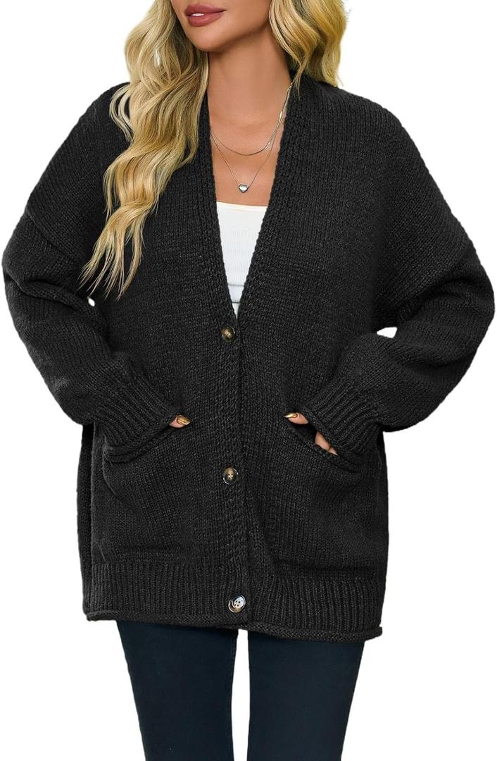 Saodimallsu Womens Chunky V Neck Cardigan Sweater Puff Sleeve Knit Cardigans Button Down Outwear with Pockets 2025 (X-Large, Black)