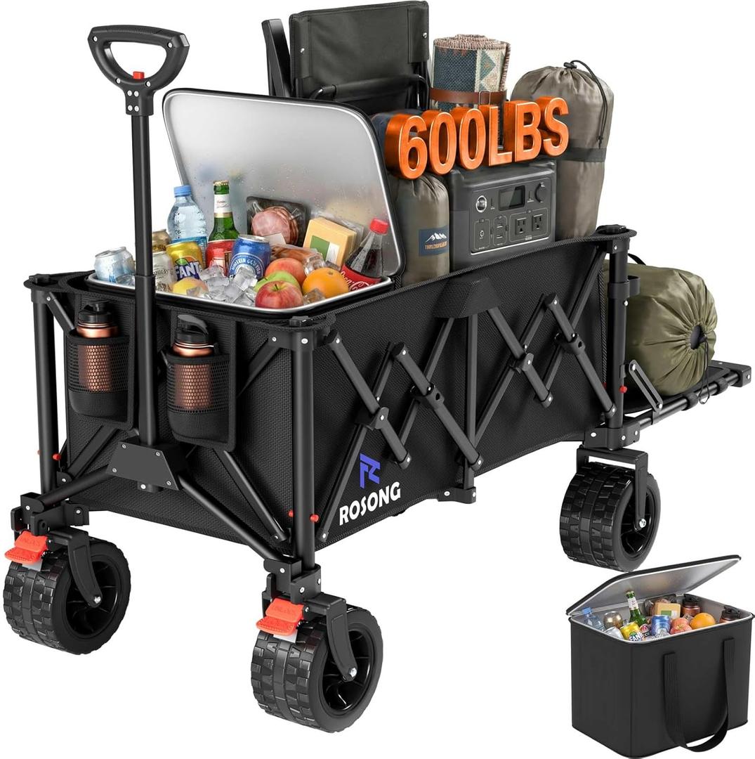 220L Folding Wagon with Detachable 14 Gallon Cooler Bag, Extra Large All-Terrain Heavy Duty Collapsible Beach Wagon Cart with Big Wheels, Foldable Utility Cart for Camping, Tailgate