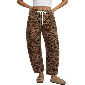 GRAPENT Barrel Jeans for Women Trendy High Waisted Pull On Wide Leg Cropped Leopard Cheetah Print Stretchy Denim Pants (Brown, S)