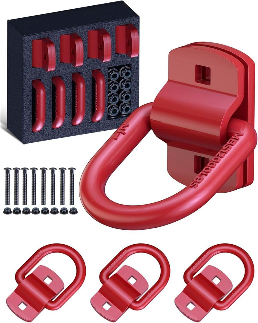 1/2" D Rings Tie Down Anchors, 12000LBS Heavy Duty Bolt-On Forged D Rings with Thicken Reinforcing Plate, Trailer Tie Down Anchor Hooks for Truck Bed, Trailer and Cargo, 4Pack, Red
