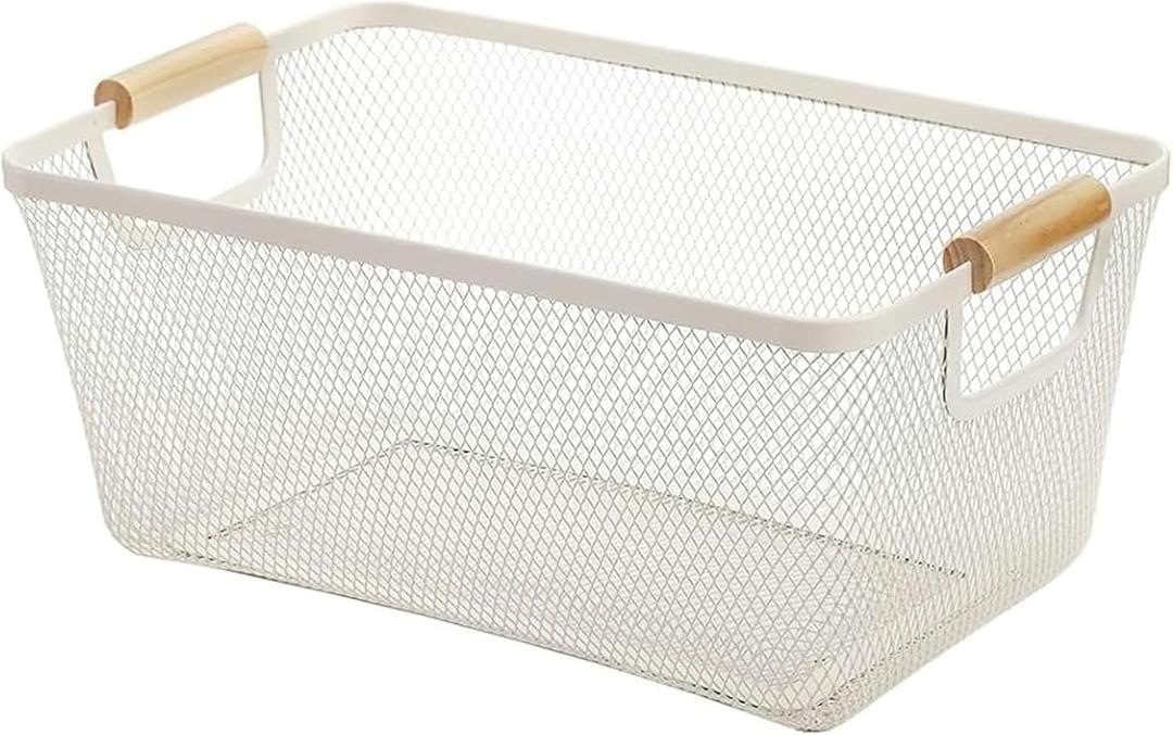 AJIODA Metal Mesh Steel Basket, Medium Wire Storage Organizer Basket Multi-function Hanging Kitchen Basket with Wood Handle for Kitchen Bathroom Picnic Home, Rectangle-Off White
