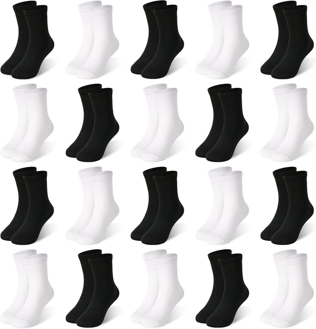 20 Pairs Toddler Kids Crew Socks - Boys Girls Athletic Mid Calf Cut for School, 1-13 Years (#2 Black,white)