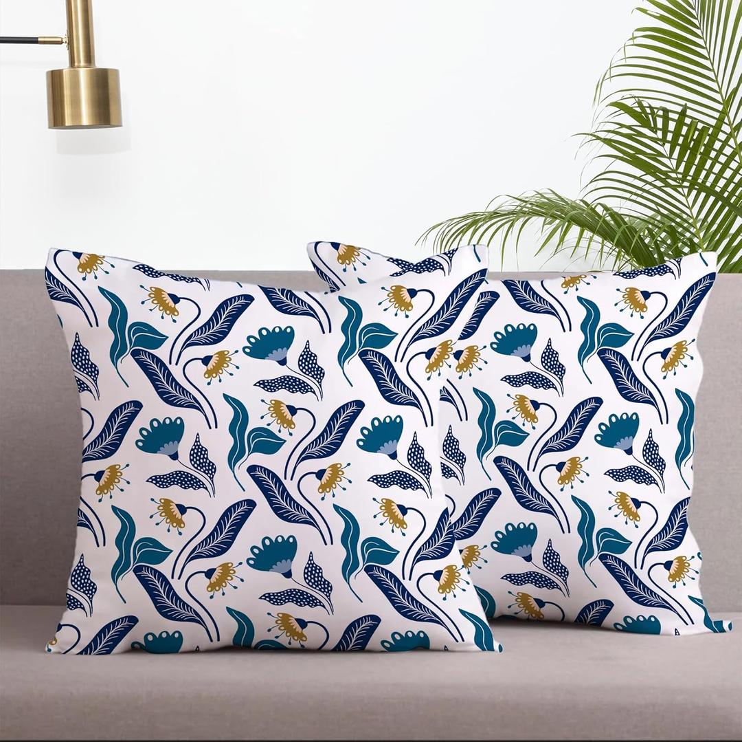 LOVOUS Blue Leaf Throw Pillow Covers 18x18 Inch Set of 2, Vintage Linen Decorative Pillow Covers for Bed Couch Sofa Bedroom Living Room Home Decor, B7