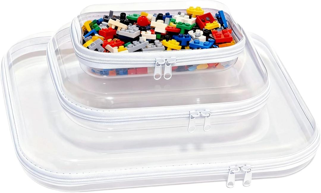 3PCS Clear Hard Plastic Zipper Case, Double Zippers Hard Pouch, Portable Travel Organizer Bin Clear Makeup Bag for Toy Storage, Snack Bag, Cosmetics, Pencil Case, Diaper Bag, Toiletry Bag (1L+1M+1S)