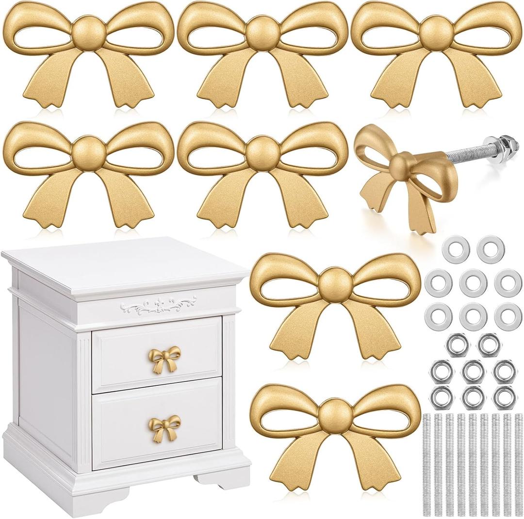 MorningRo 8 Pcs Gold Bow Drawer Knobs Matel Bow Knobs for Dresser Vintage Dresser Handles Pulls Decorative Drawer Handles for Home Bedroom Kitchen Cabinets Hardware Cupboard (1.6 x 1 Inch)