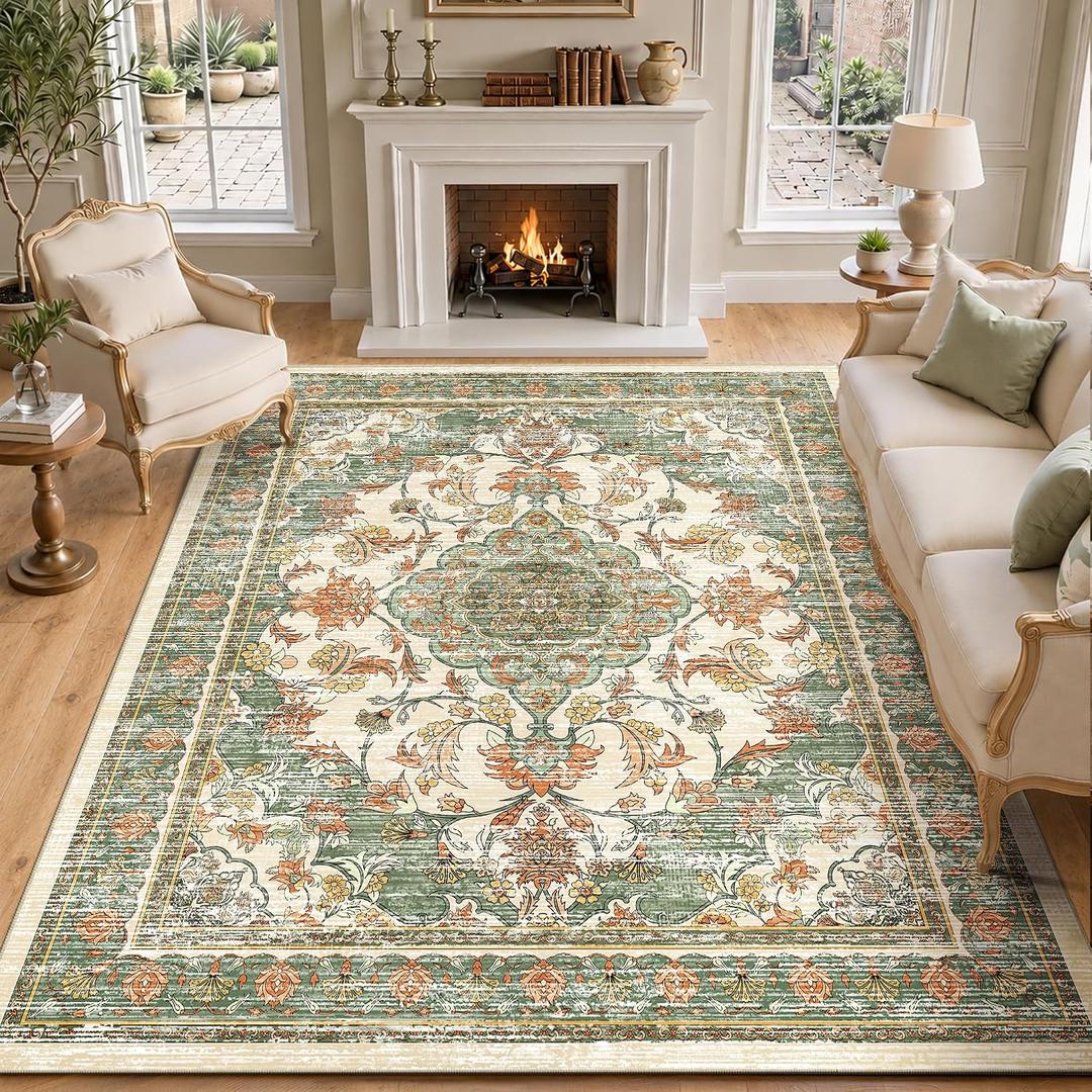 8x10 Area Rugs for Living Room, Boho Washable Carpets, Green Orange Beige