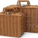 Mini Wicker Picnic Basket, Decorative Prop Suitcase Vintage Storage Hamper Makeup Organizer, Metal Lock Rattan Storage Box with Handles for Sundries Travel Camping and Outdoor Party (Brown, L+S)