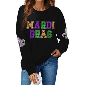 FAYALEQ Graphic Sweatshirt for Women Crewneck Carnival Pullover Casual Sequin Print Long Sleeve Top (XX-Large, Black)