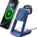 3 in 1 Charging Station for iPhone, Magsafe Wireless Charger with Cooling Fan for iPhone 17 16e 16 15 14 13 12 Series & Apple Watch Charger, Wireless Charging Station for AirPods 4/3/Pro (Blue)